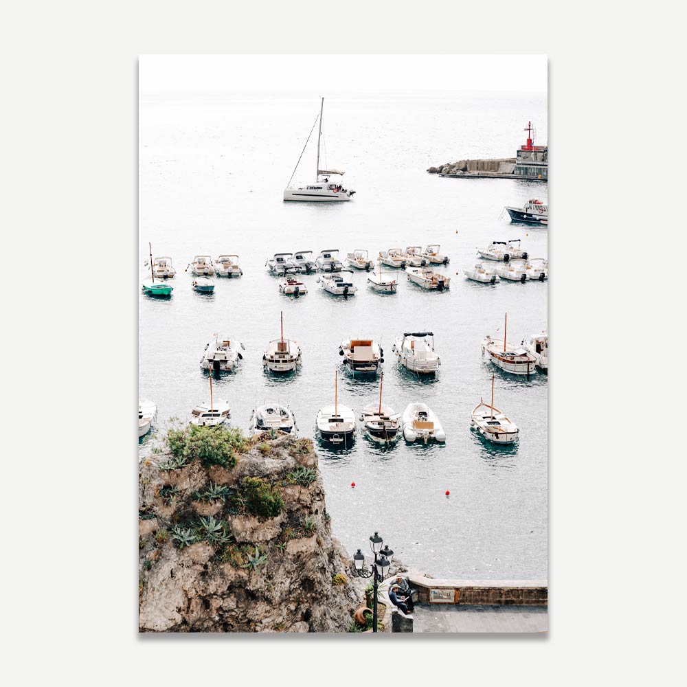 Home decor wall art of Amalfi Marina with Italian-style boats docked, showcasing Mediterranean elegance