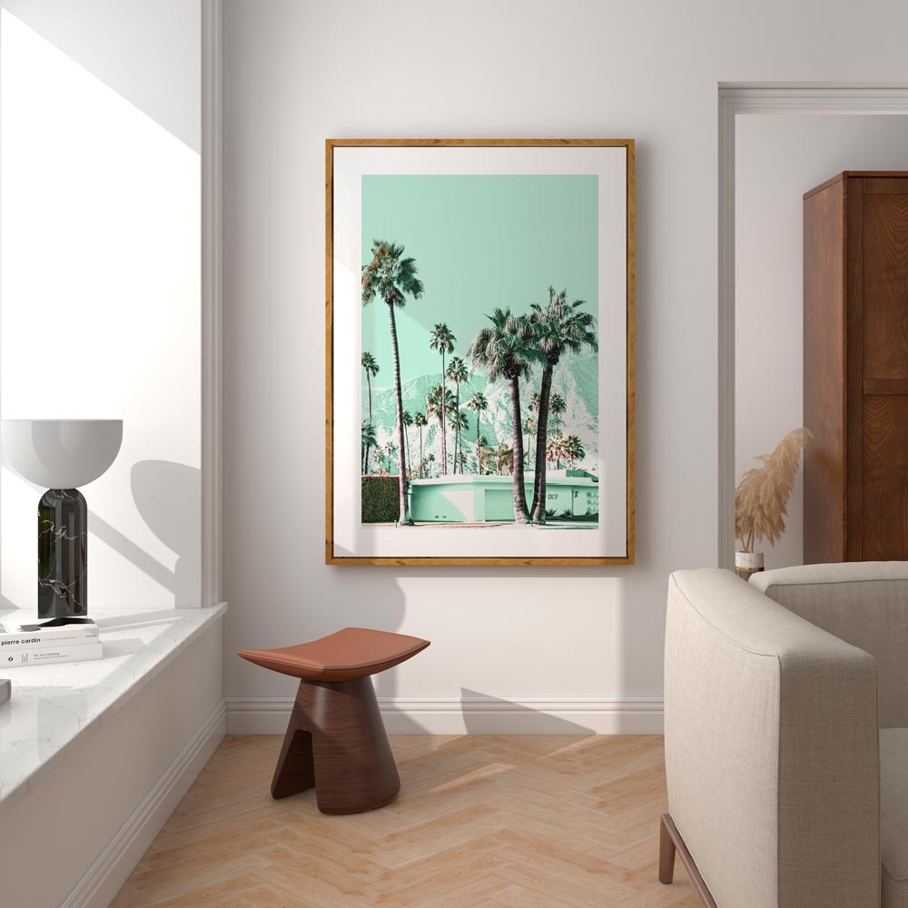 OblongShop's mint house and palm trees in Palm Springs wall art, bringing calm to your decor.