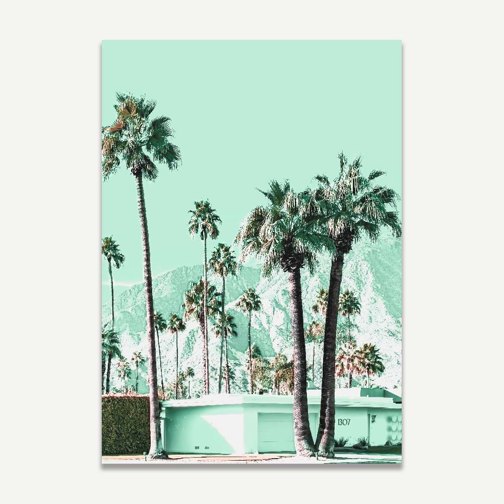 Enhance your space with OblongShop's mint house in Palm Springs wall art, perfect for relaxing vibes.