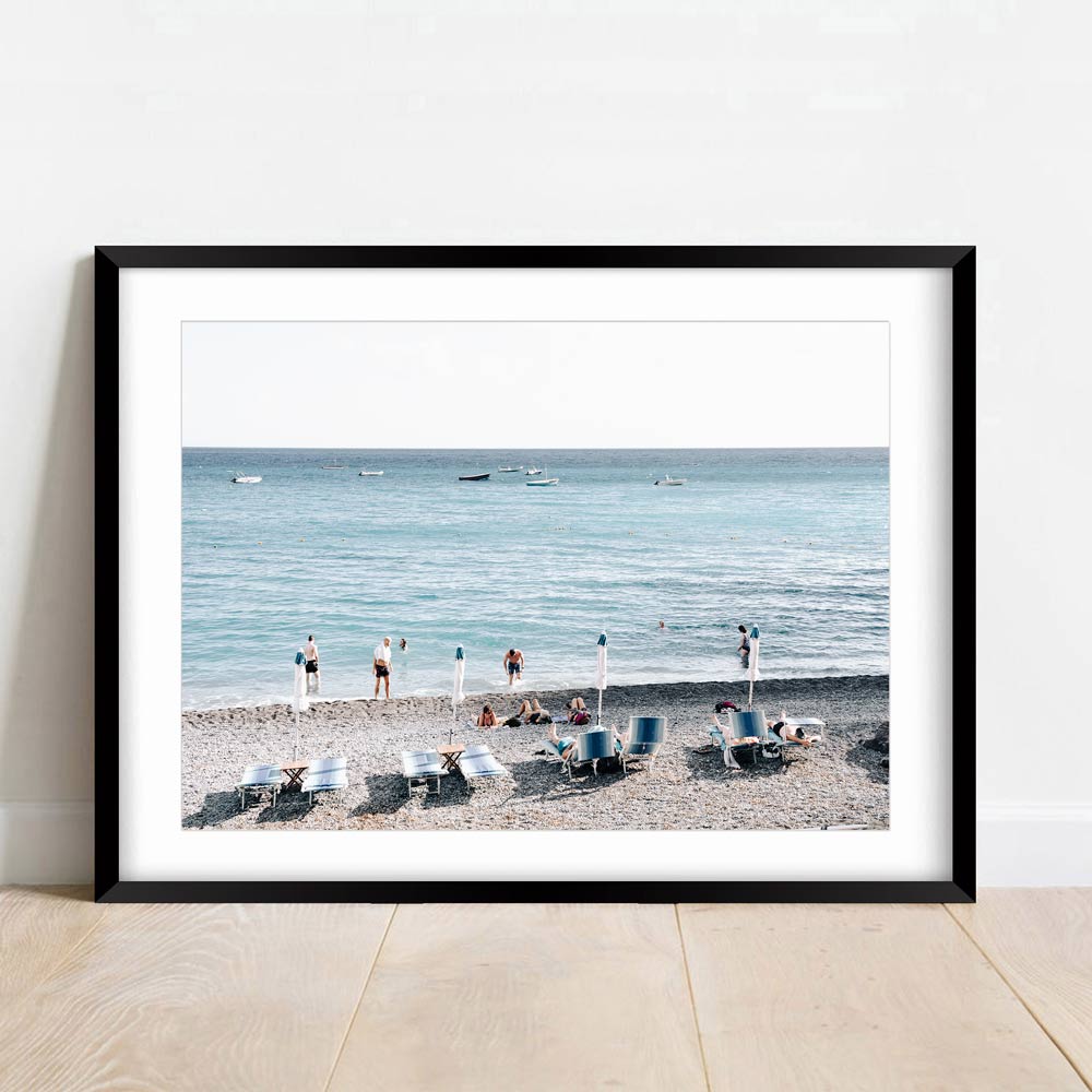 Seaside Serenity: A framed photograph of Fornillo Bathers in Positano, Amalfi Coast, Italy, offering tranquil beach views for your wall decor.