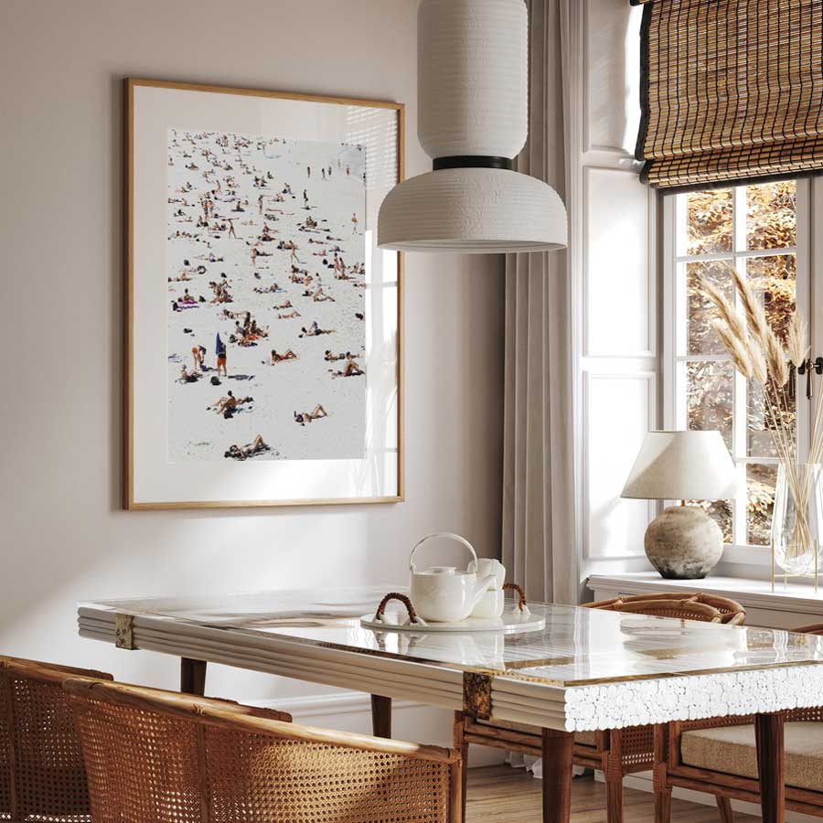 Transform your space with this stunning golden framed print of people on the Bondi beach - a must-have wall artwork.