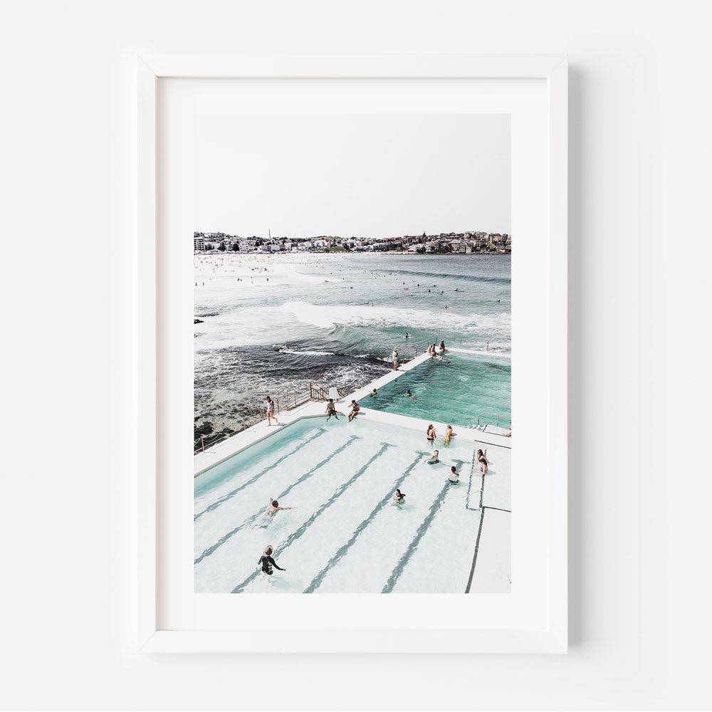 Bondi Icebergs Bathers: Poolside relaxation with sea backdrop, perfect for coastal decor and wall art.