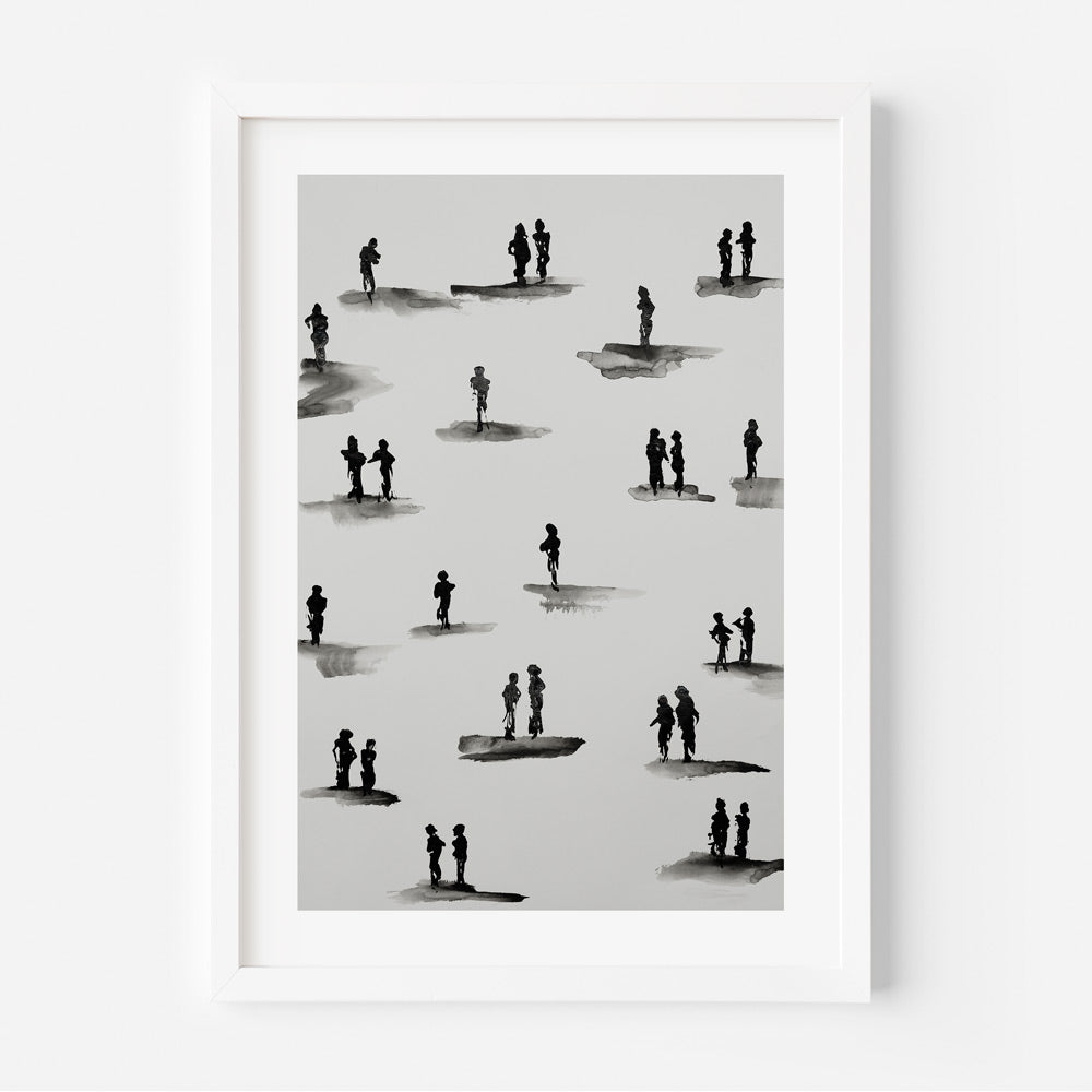 A black and white artwork featuring multiple silhouettes of people against a grey background, displayed in a white frame.