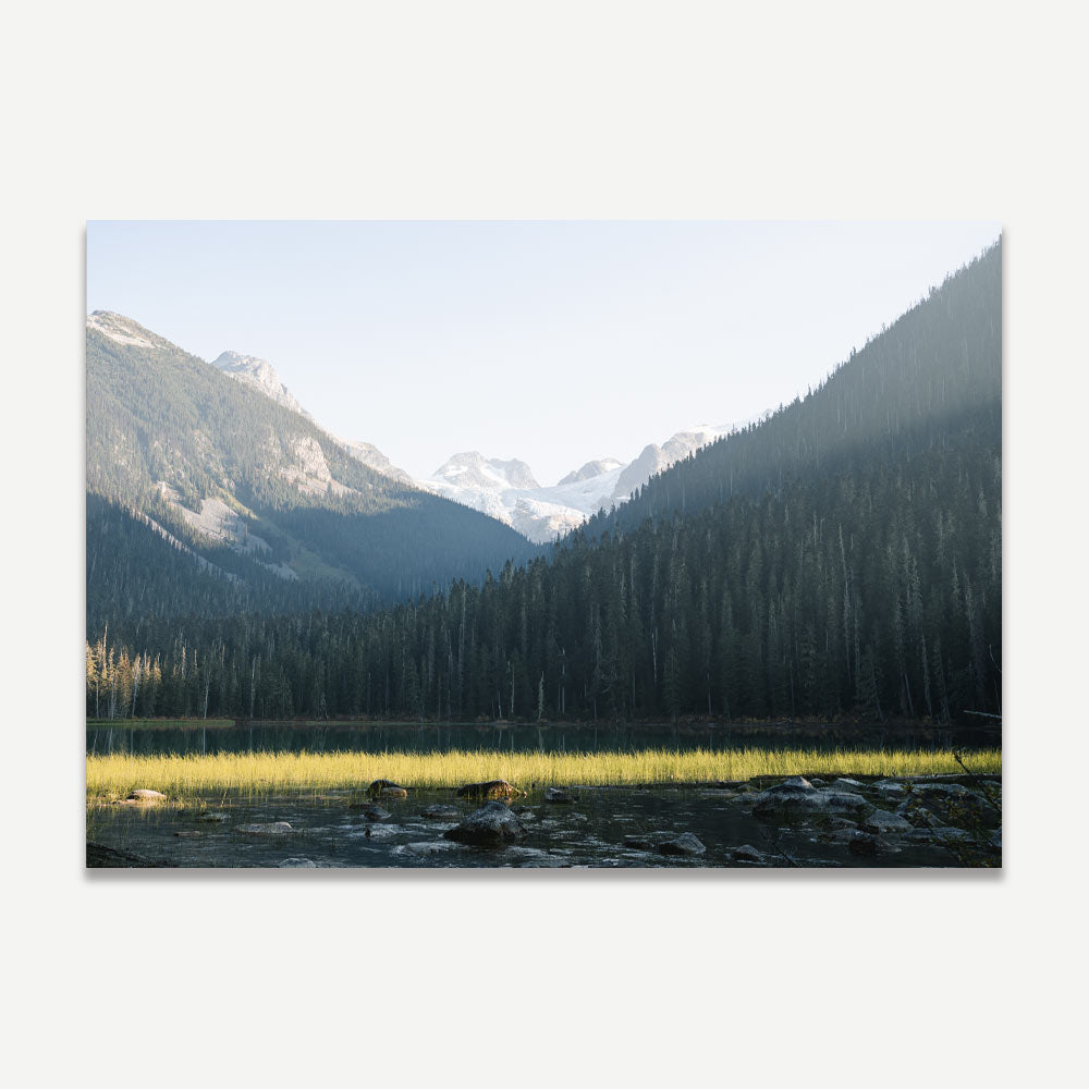A framed print depicting a landscape with mountains and a green forest.