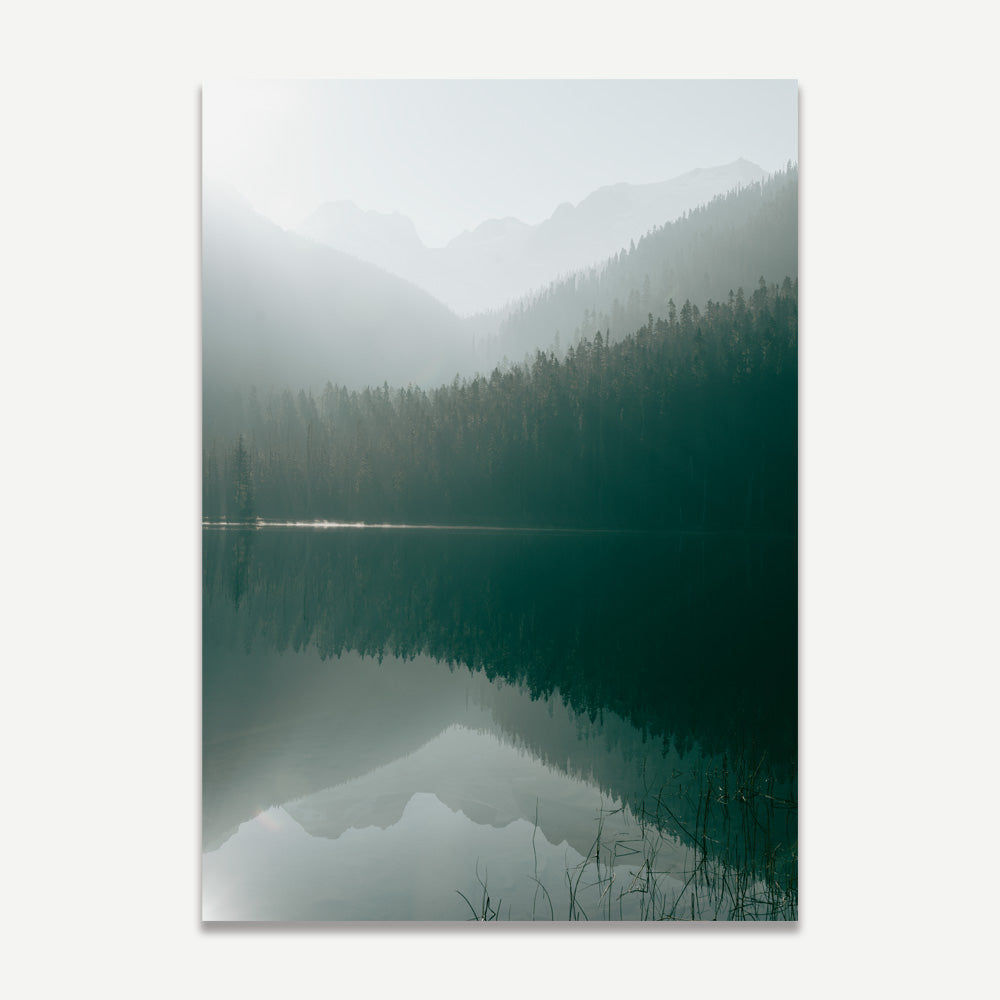 Captivating framed photo of JOFFRE lake in British Columbia, surrounded by trees - cool art.