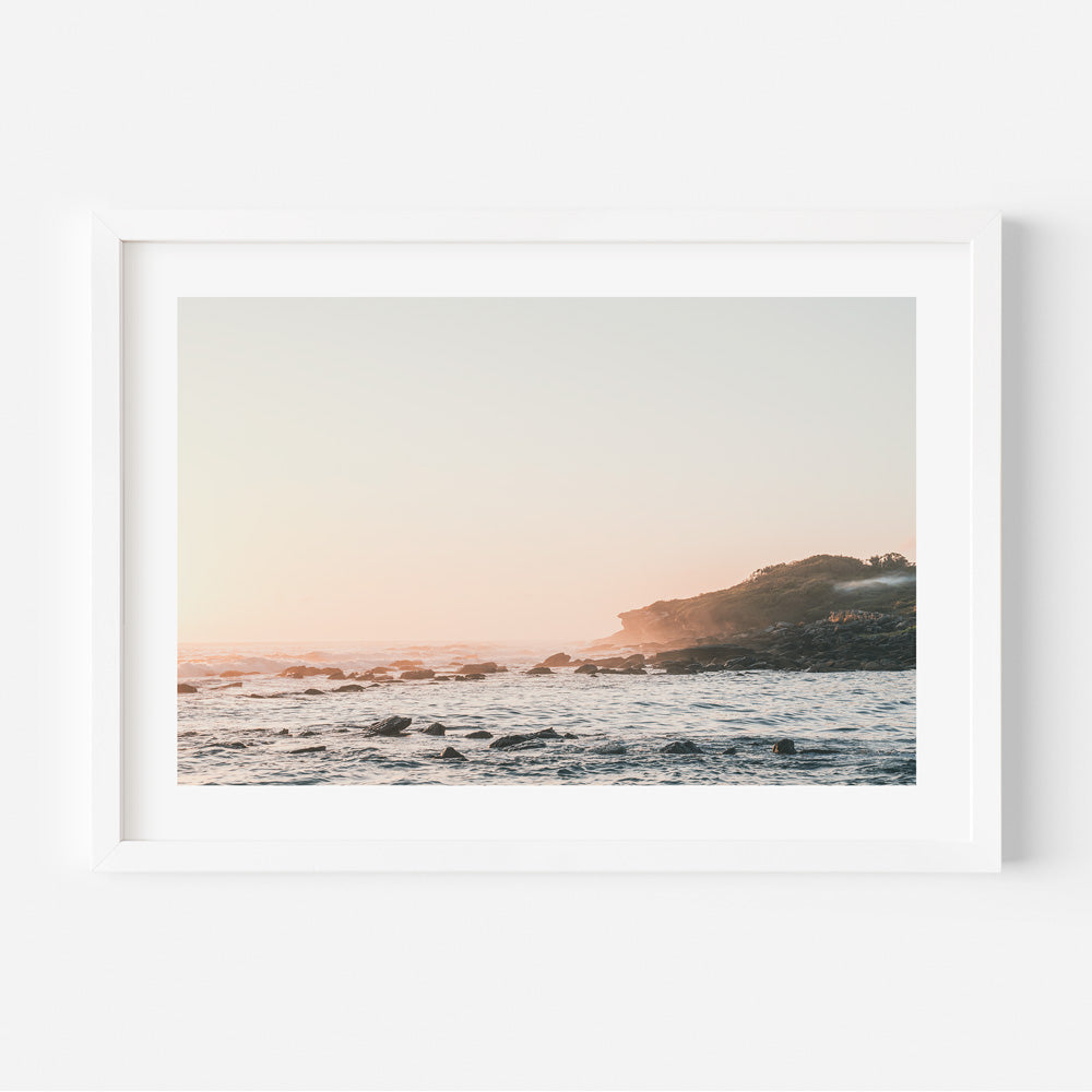  Ocean and rocks photo with white frame at sunrise, Magic Point Maroubra Beach - wall art decor