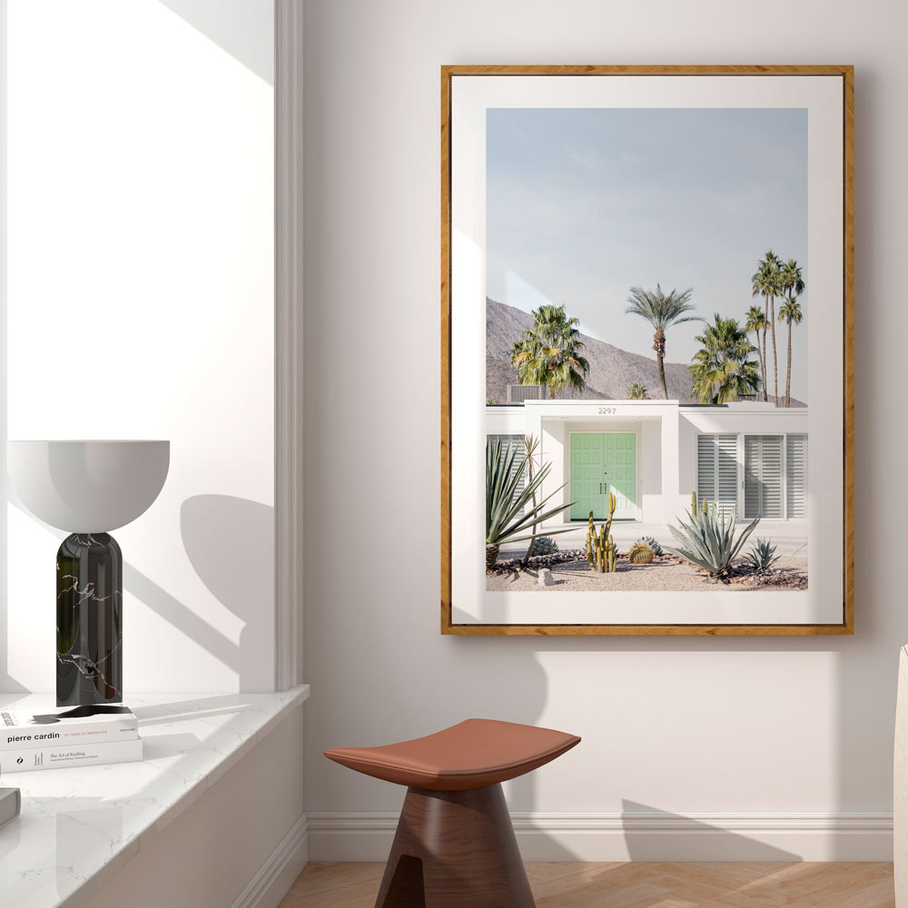 Real photography of a white house with a mint green door in Palm Springs - wall artwork by Oblongshop.
