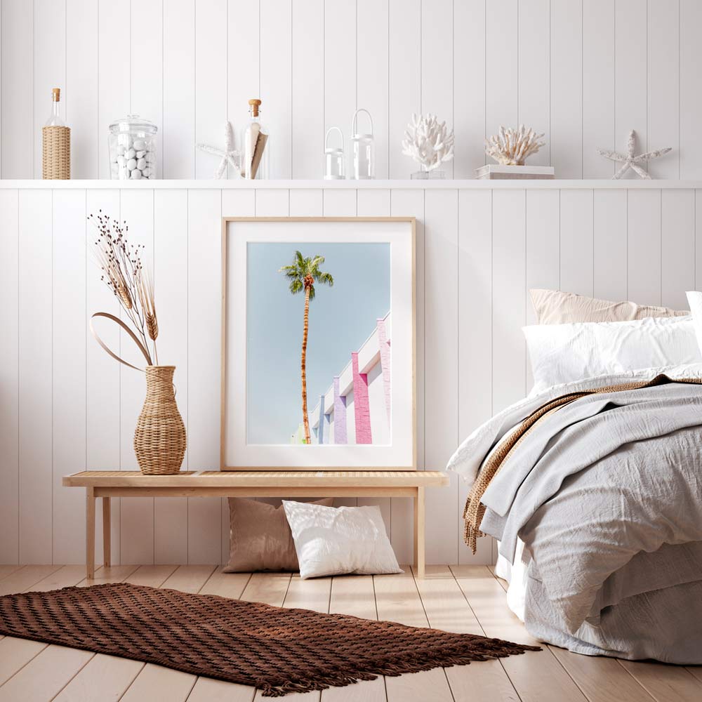 Abstract palm trees in a golden frame against a vibrant wall, a modern wall artwork by Oblongshop.