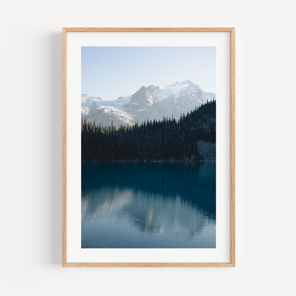 Framed wall art showcasing the beauty of Mt. Matier, British Columbia, with a lake and mountains in the background.