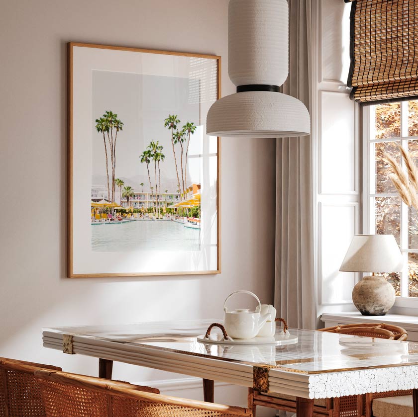 Oblongshop wall art: A golden framed photo of palm trees and a pool at The Saguaro Hotel in Palm Springs