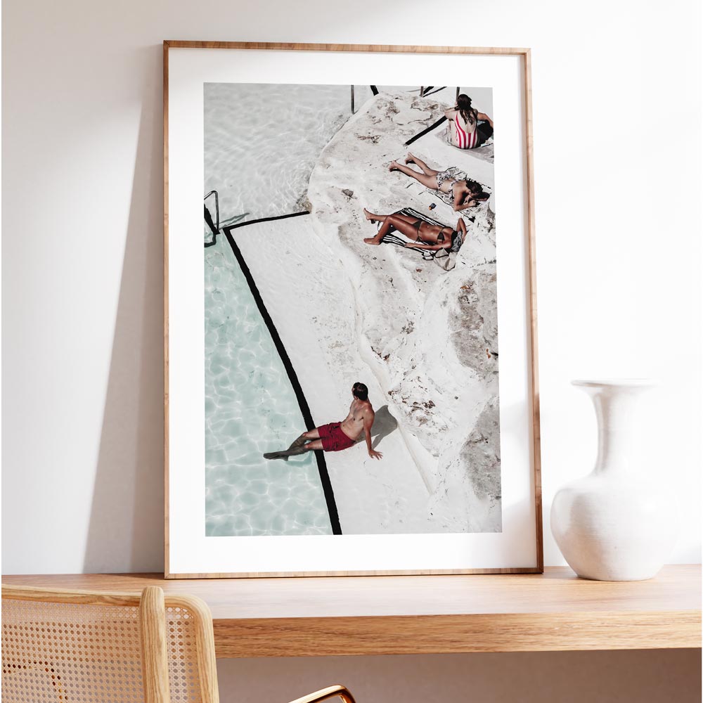 Wall art capturing the serene atmosphere of Bondi Icebergs poolside relaxation, ideal for coastal-themed canvas prints and photography decor.