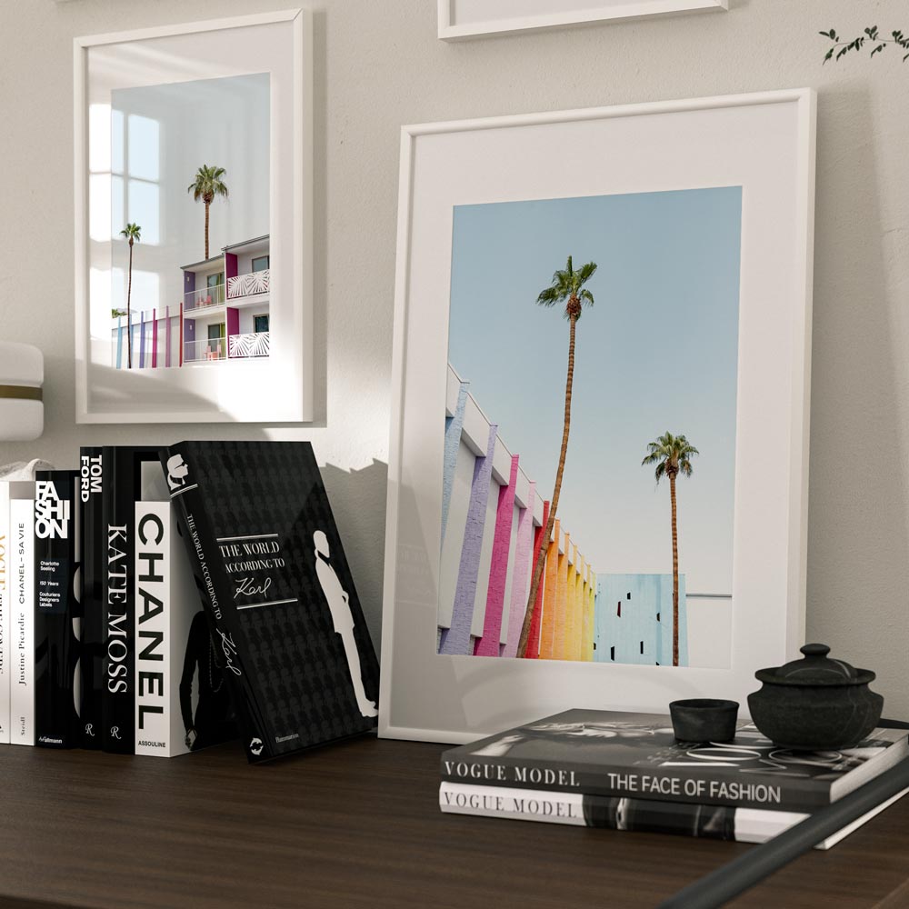 The Saguaro Hotel, Palm Springs wall artwork with palm trees from OblongShop, ideal for vibrant living room decor.