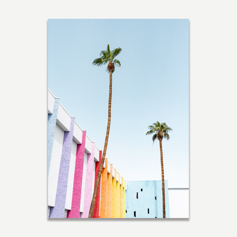 OblongShop's Palm Springs wall art featuring palm trees and The Saguaro Hotel, perfect for unique and colorful wall decor.