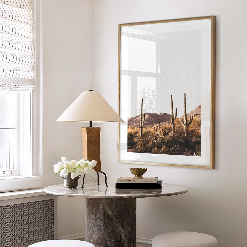 Desert Wall Decor: Saguaro cactus with Tucson mountains, ideal for desert-themed wall art.
