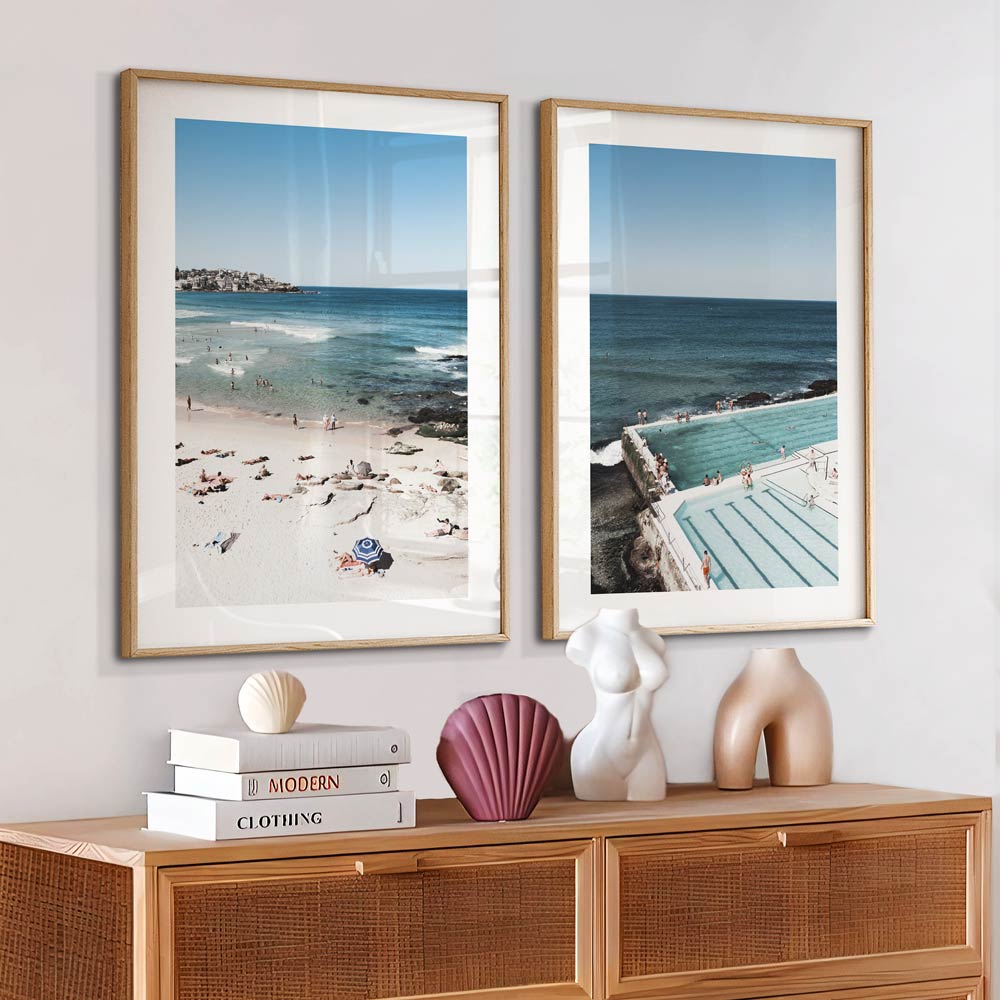 Bondi Beach and Icebergs wall art set featuring beachgoers and poolside scenes – vibrant coastal decor for a relaxed, beach-inspired home.