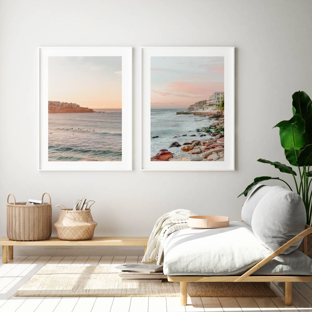 2 wall art of Bondi beach in white frames hung in the living room