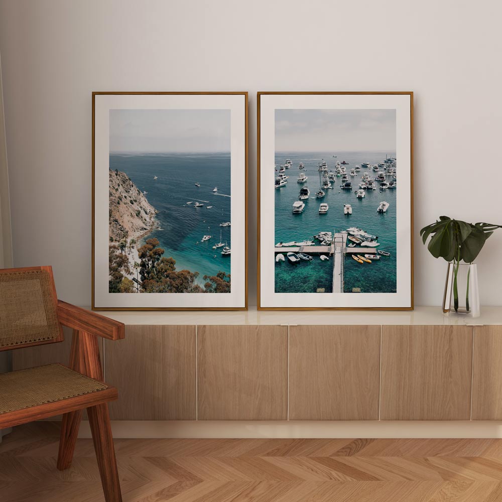 Stunning photo art of boats in Catalina Island marina from above - ideal for canvas prints and wall art decor.
