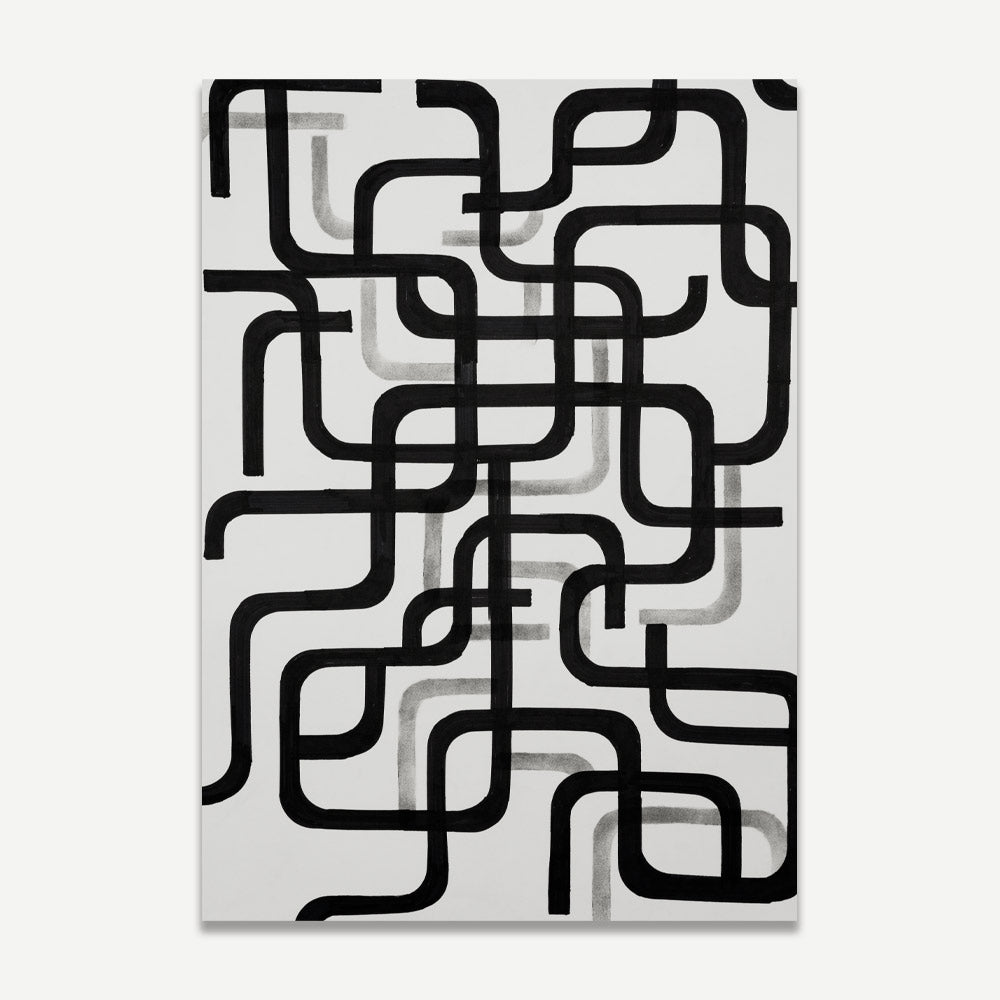 A black and white visual artwork featuring abstract patterns.