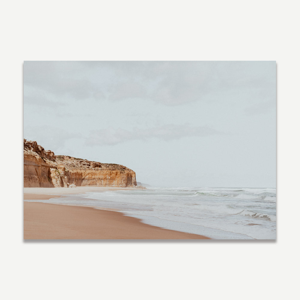 Twelve Apostles limestone formations with Gibson Steps at sunset, coastal wall art with blue and orange tones for modern neutral interiors