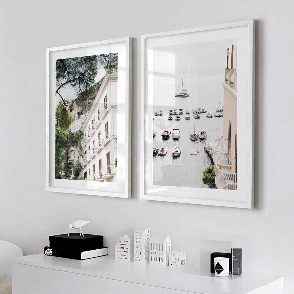 Coastal Tranquility: View from the top of Amalfi hotel, with boats peacefully anchored in the sea amidst the beauty of the Amalfi Coast, Italy, ideal for fine art prints and modern wall decor.