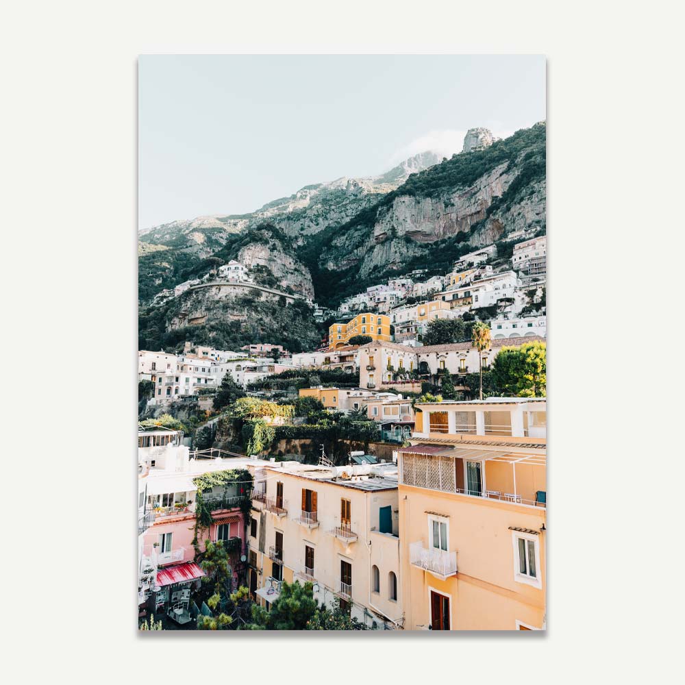 Home decor art of colourful buildings on the cliffs in Positano. Bring the Italian elegance to your home.