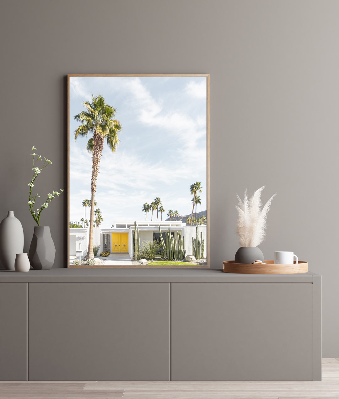Wall art featuring Palm Springs yellow door, palm trees, and white house - real photography prints shop