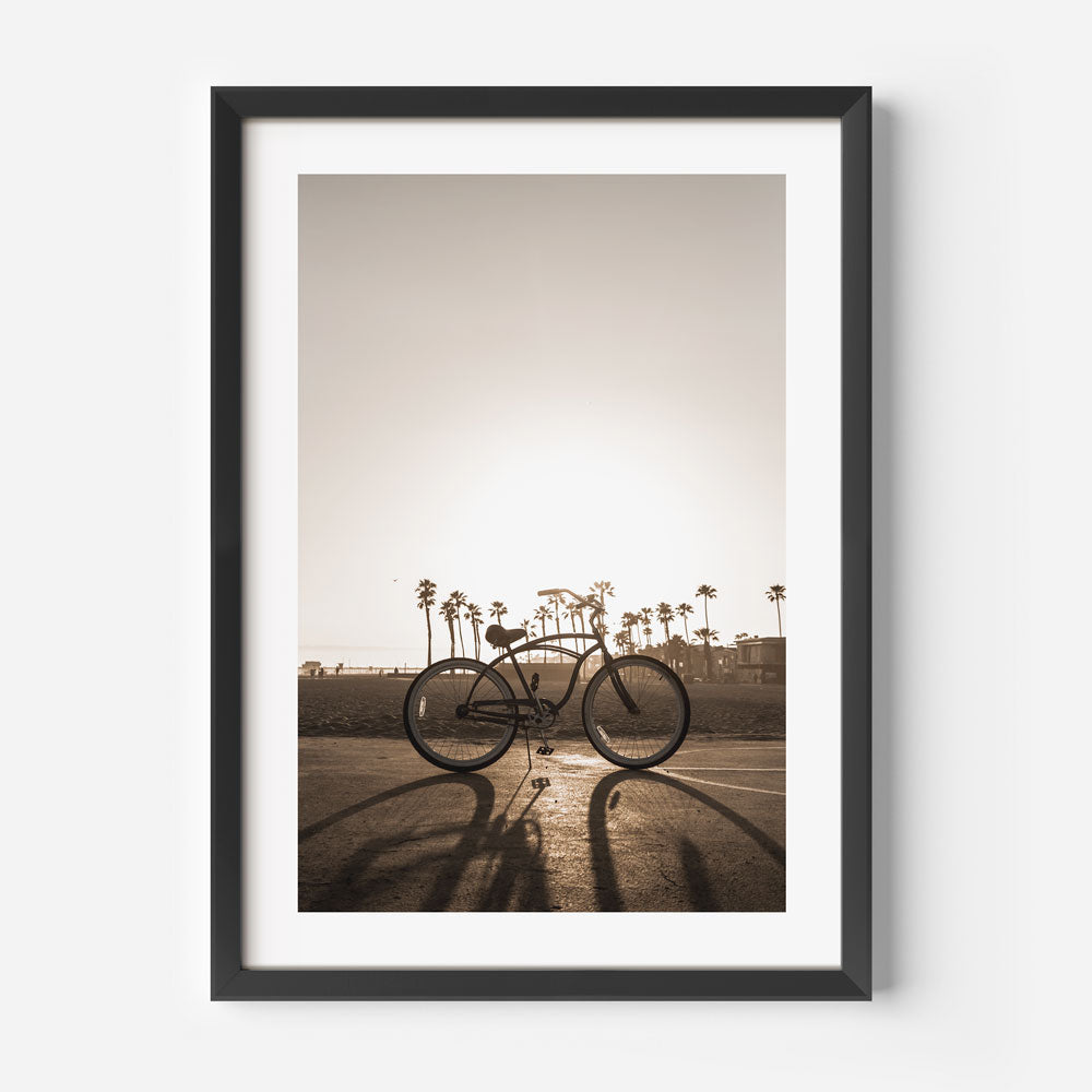 Artwork of a bicycle in California, framed and ready to hang - perfect for home or office decor.
