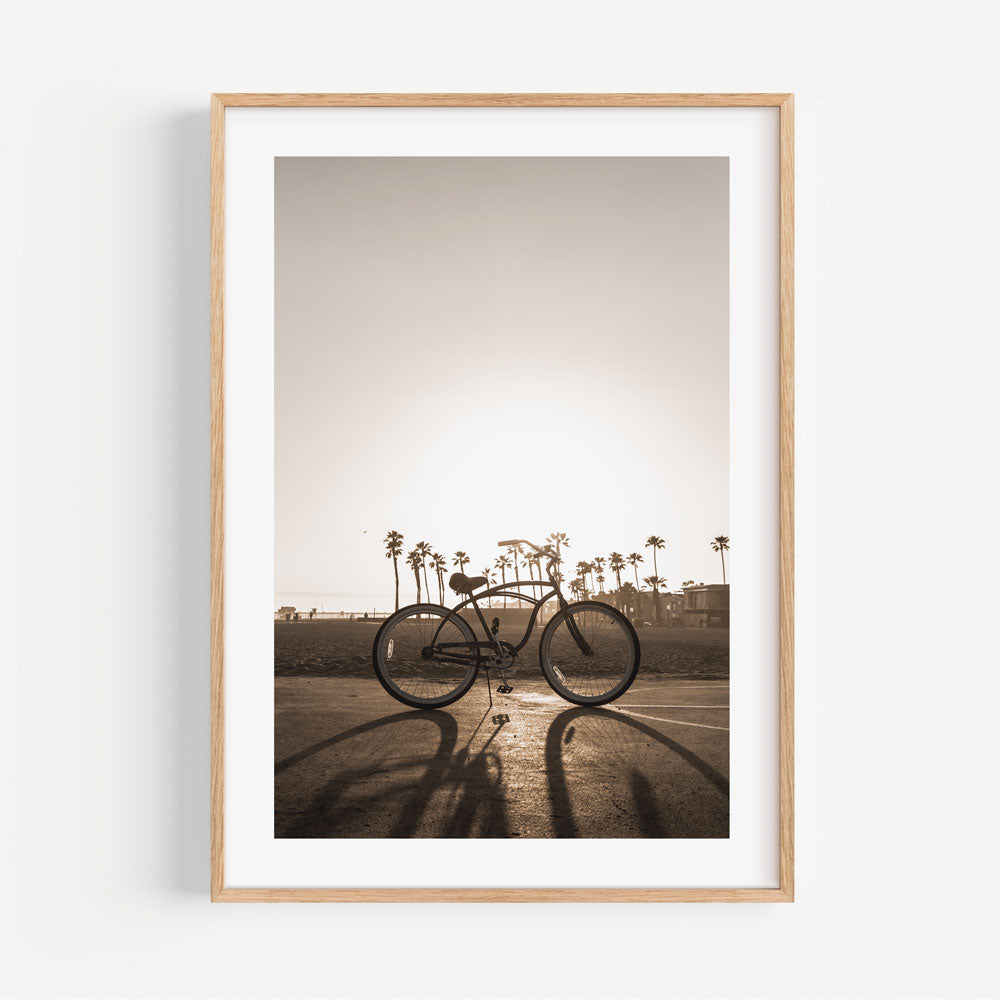 Wall decor with a framed photo of a bicycle in California, sunlight filtering through - unique art piece.