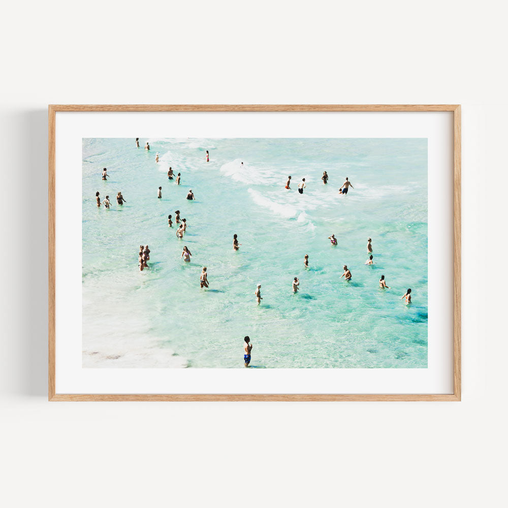 Prints shop: A beautiful white framed print depicting people swimming in the ocean - Bathers on Bondi Beach