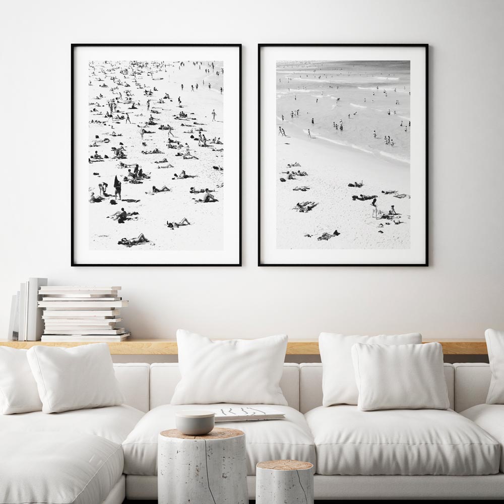 Seaside Retreat: Capturing the essence of Bondi Beach, this framed photo showcases people swimming and relaxing on the sandy shores, perfect for coastal decor.