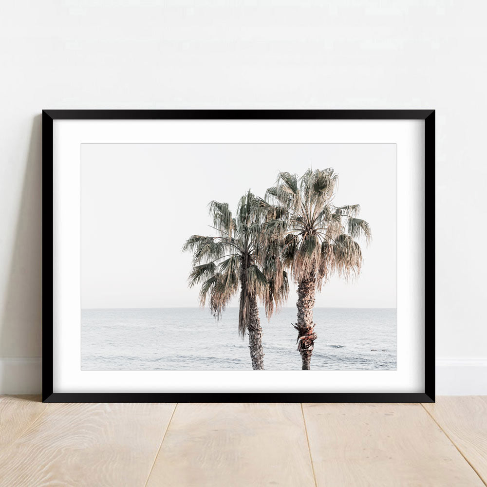 Modern art print of palm trees by the sea in Laguna Beach, CA.