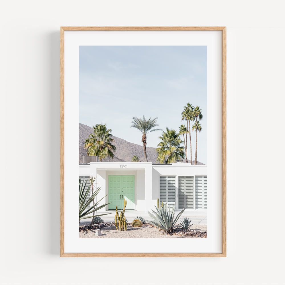 Captivating wall art featuring a white house and palm trees in Palm Springs - art wall art at Oblongshop.