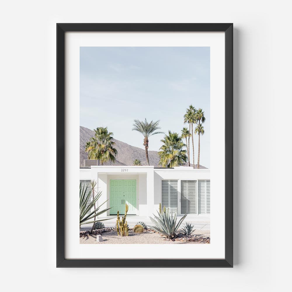 Stunning desert scene in Palm Springs with palm trees and a green door - prints shop at Oblongshop.
