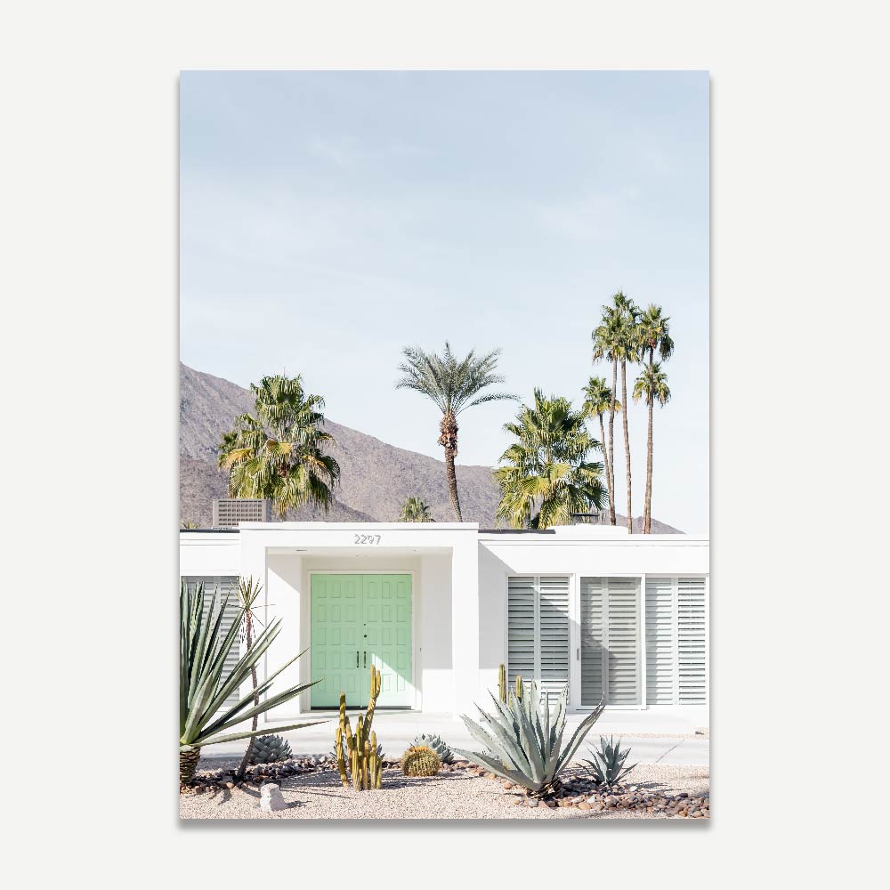 Aesthetic palm springs image with a green door and palm trees - posters and prints available at Oblongshop.