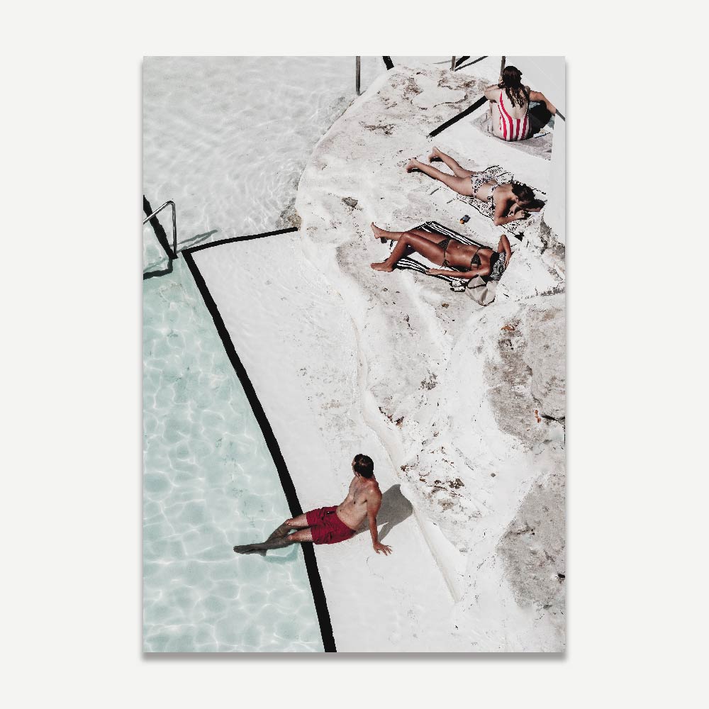 Wall art featuring people unwinding at Bondi Icebergs poolside, perfect for coastal canvas prints and photography decor.