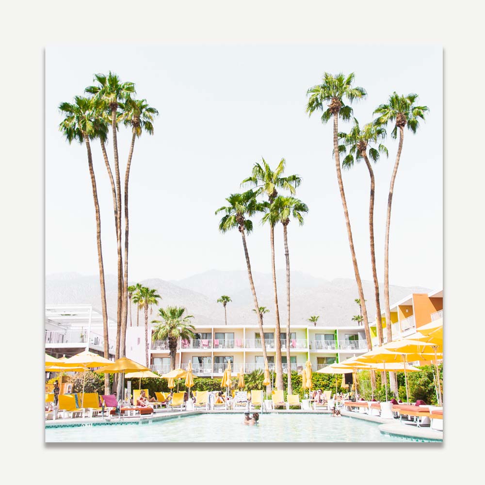 Wall Decor with a white framed photo of palm trees and a pool at The Saguaro Hotel in Palm Springs