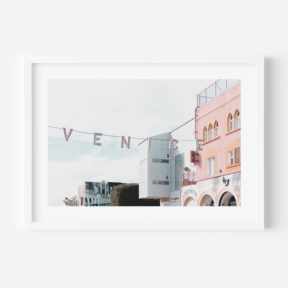 Framed Venice Beach Sign: Iconic landmark at the entrance to the Venice Beach Boardwalk, perfect for wall art and home decor.