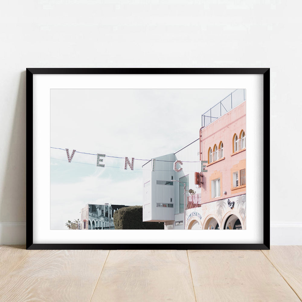 Framed Venice Beach Entrance Sign: Famous landmark welcoming visitors to the renowned beachfront neighborhood in Los Angeles, suitable for framed art.