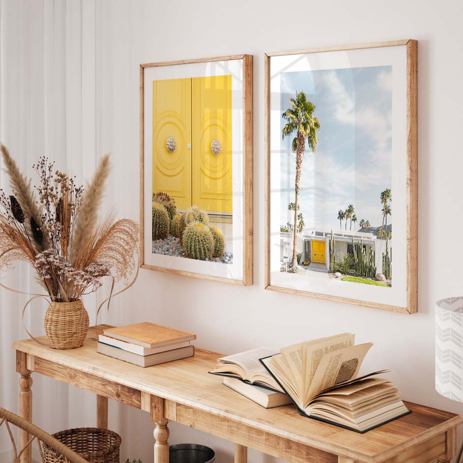 Wall art featuring a yellow door and cactus in Palm Springs - prints shop by Oblongshop.