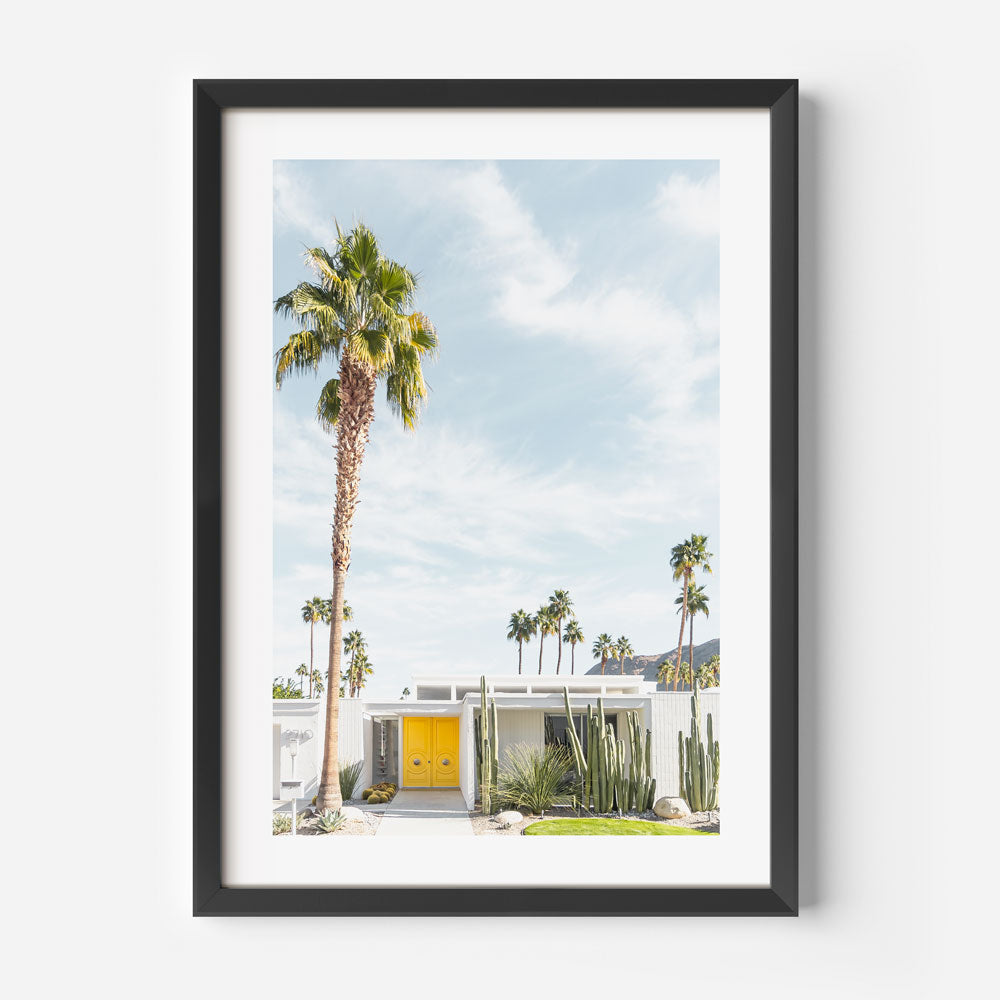 Unique wall artwork of Palm Springs yellow door, palm trees, and white house - art wall art posters and prints