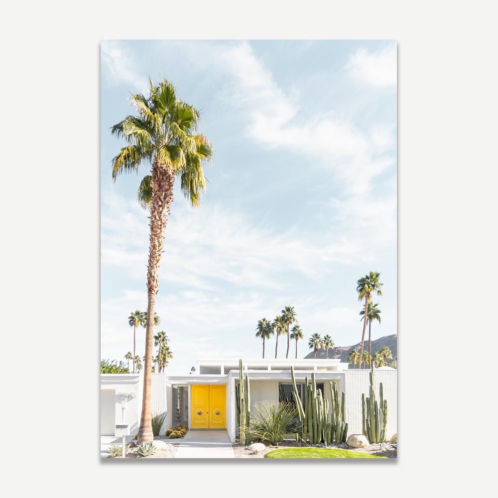 Stunning wall decor of Palm Springs yellow door, palm trees, and white house - cool art for the living room