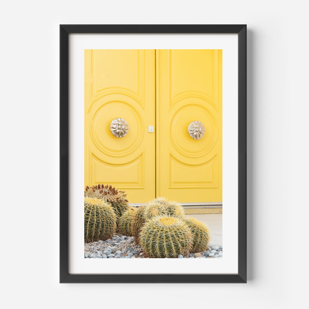 Framed art of a yellow door and cactus in Palm Springs - canvas prints for home decor by Oblongshop.