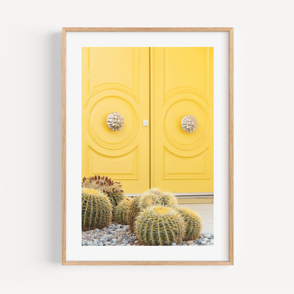 Modern wall art print of a yellow door and cactus in Palm Springs - fine art prints by Oblongshop.